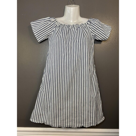 AG Adriano Goldschmied Dress Womens Medium Blue White Striped Off Shoulder Shift - Picture 2 of 9